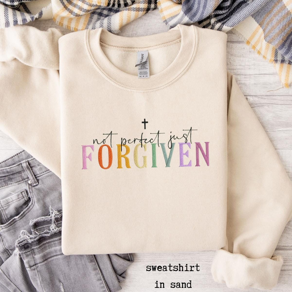 Embroidered 'Not Perfect Just Forgiven' Sweatshirt, Sweatshirt Embroidery, Unisex Heavy Blend Sweatshirt, Gildan Redemption Sweatshirt